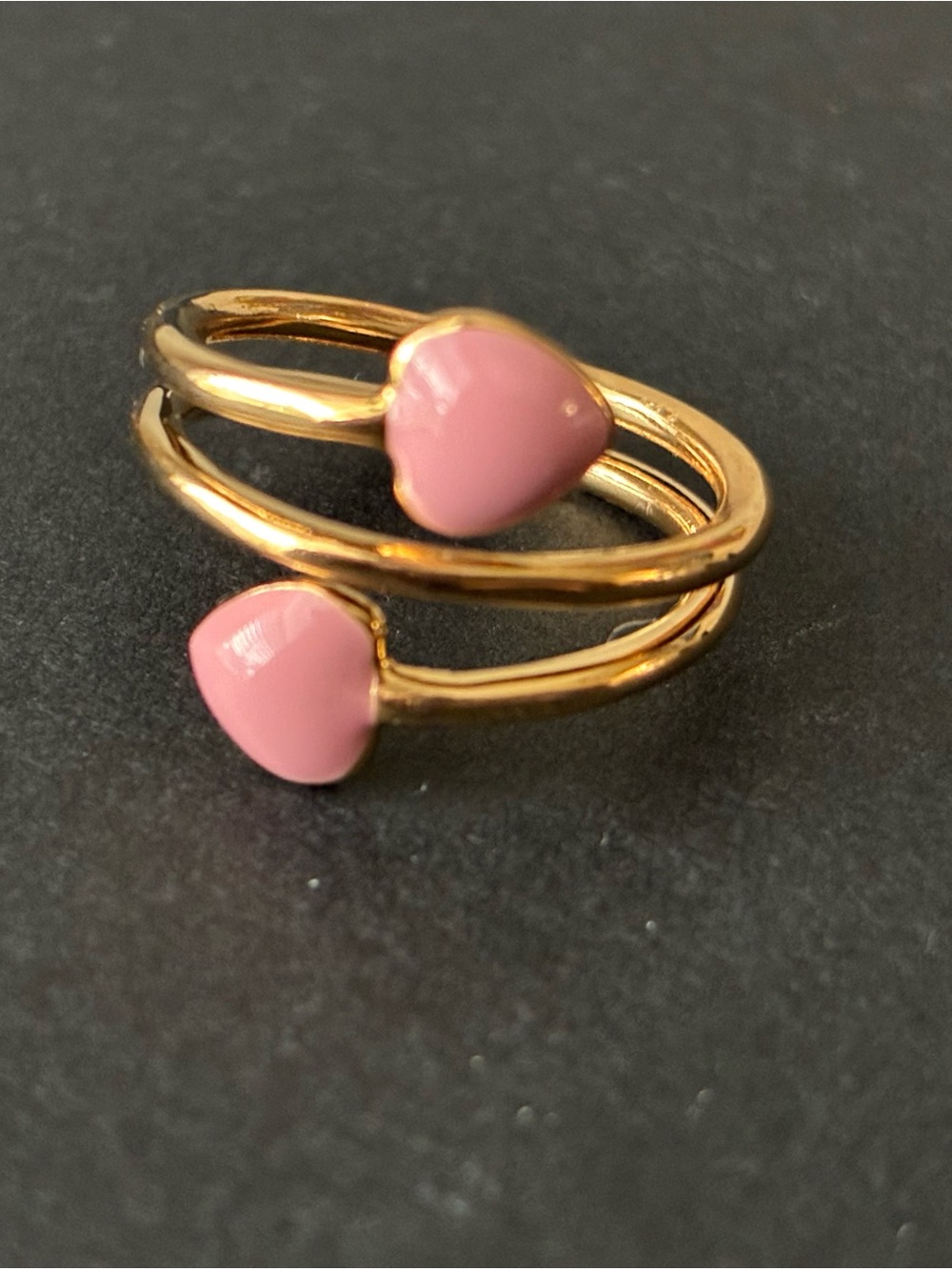Gold Plated Double Band Ring with Pink Heart Accents Sz 5